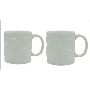 Happy Halloween Ghost Coffee Mug Set 14 oz Embossed All Over Spooky White NWT